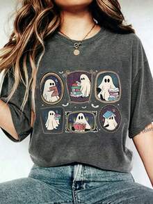 Plus Size Women's Halloween Costume, Autumn Ghost Pattern Casual Crew Neck Short Sleeve T-Shirt - Grey - View 1