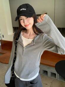 Women's 2 In 1 Striped Zipper Long Sleeve T-Shirt, Slim Fit Inner Layer Top, Autumn - Grey - View 5