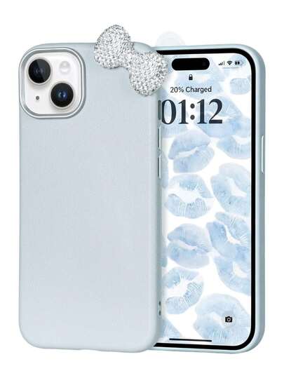 Premium 2-częściowy zestaw etui na telefon w kolorze niebiesko-szarym (etui na telefon + kokarda) | Eleganckie błyszczące etui na telefon z odpinaną kokardą z diamentami w kolorze niebiesko-szarym, odpowiednie dla 17/17 Pro/17 Pro Max/17 Pro Max/Plus, S20-S26/FE/Ultra, serii A56 5G, materiał o teksturze sztucznej skóry, materiał TPU, tekstura sztucznej skóry