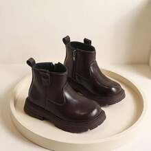 1 Pair 2026 New Children's Minimalist Solid Color Ankle Boots, Side Zipper Thick Sole Design, Retro Versatile Style, Suitable For Daily Wear And School Outfits - Brown - View 1
