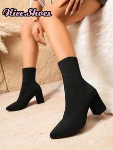 2026 New Elegant Fashion Chunky Heel Pointed Toe Boots, Elastic Slim Sock Boots, High Heel Ankle Boots For Spring, Autumn, Winter, All Seasons - Black - View 4