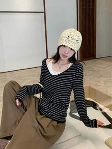 Women's Striped 2 In 1 Knit Sweater, Loose Casual Versatile Long Sleeve Top For Spring And Autumn - Black - View 3