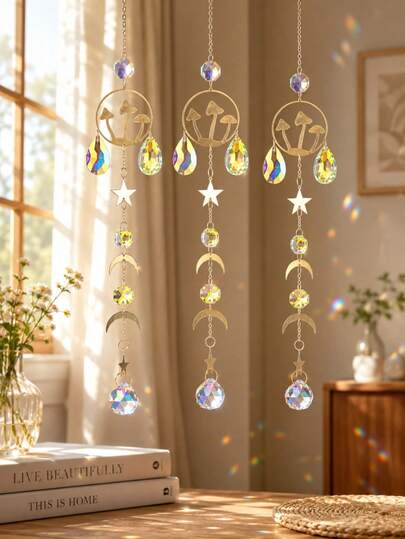 1/3pcs Mushroom Crystal Suncatcher, Gold Tone Moon & Star Rainbow Maker With Teardrop Prisms, Boho Window Hanging Ornament For Bedroom, Living Room, Garden & Home Decor, Gift For Women