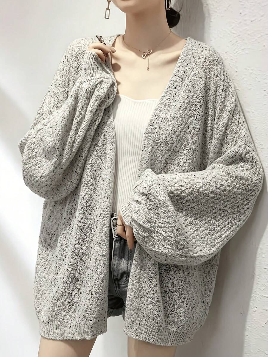 Plus Size Spring/Summer Mixed Dot Hollow Out Loose Drop Shoulder Long Sleeve Knit Cardigan, Beach Vacation Daily Casual Layering Sweater For Women - Grey - View 1