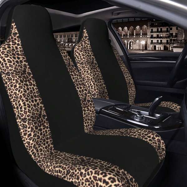 5-Piece Car Seat Cover Set, Classic Yellow Leopard Print And Black Stripe Element Printed Interior Decor Seat Covers, Ice Silk Fabric, Breathable And Ventilated, Soft And Comfortable, Suitable For Summer Use Car Seat Covers, Interior Decoration Protection Covers