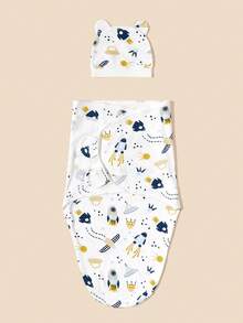 1 Set Baby 0-3M Printed Rocket Pattern Sleep Sack Anti-Startle Swaddle Blanket, Swaddle Blanket + Hat, Comfortable Soft Skin-Friendly, Suitable For Indoor And Outdoor, Various Holiday Gifts - Multicolor - View 6
