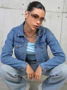 Chaqueta Corta Negra con Tachuelas y Cuello de Piel Desmontable para Mujer, Chaqueta Ajustada Estilo Y2K Urbano - Neblina azul - Ver 3