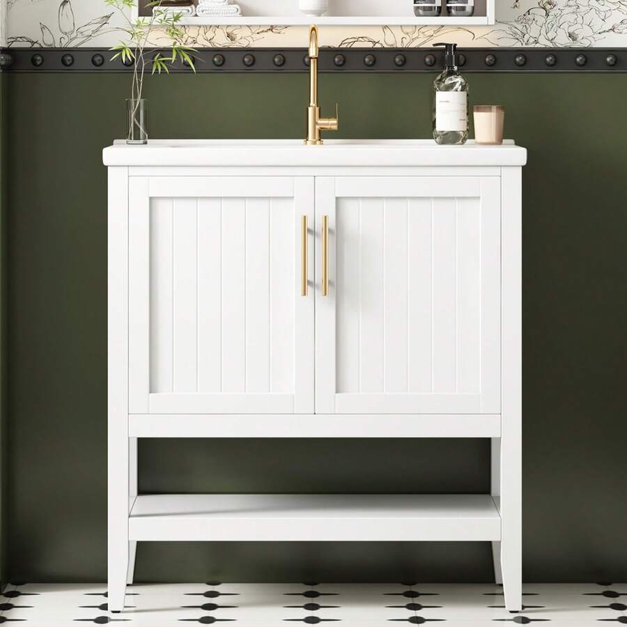 Old SKU: LY316467AAA-Badmöbel Single Vanity Unit With 80 Cm Base Cabinet And Ceramic Basin, White - White - View 1