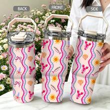 1/5pcs 30oz Vacuum Insulated Travel Mug With Gift Box, Light Pink Wavy Lobster Shell & Bow Print, Foldable Portable Handle, Double Flip Leak-Proof Lid, Double Wall Mug, Kids Outdoor Use, Playful Cartoon Marine Life Gift - Marine Life - View 4