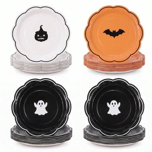 10/20/50pcs Halloween Wavy Edge Paper Plates, 3 Designs, Orange Black White Ghost Pumpkin Bat Party Plates, 7 Inch Disposable Dinner Dessert Plates, Cute Gothic Style Tableware, Suitable For Trick Or Treat, Halloween Party, Haunted House Party