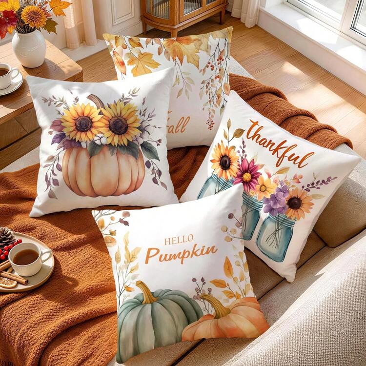 4pcs Autumn Maple Leaf Pumpkin Sunflower Decorative Pattern Pillow Covers Without Inserts, Single-Sided Printed Pillow Covers, Suitable For Living Room Bedroom Home Decor, All-Season Pillow Covers - Multicolor - View 6