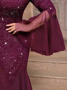 Plus Size V-Neck Floral Lace Sequin Patchwork Contrast Mesh Long Sleeve Mermaid Hem Evening Party Dress, Wedding Guest Dress, Prom Dress, Birthday Suitable - Maroon - View 11