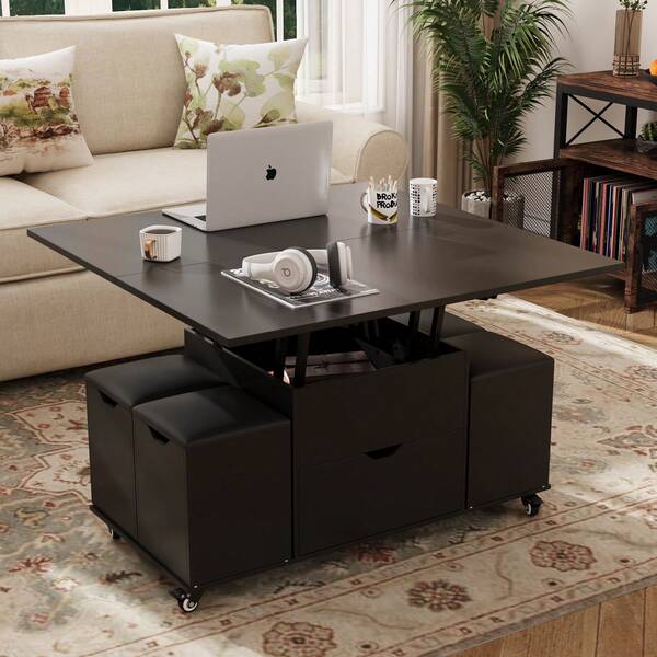 VOWNER Mesa de centro ajustable en altura, mesa de comedor 3 en 1 plegable con 4 taburetes y cajón, mesa de salón extensible con ruedas para sala de estar, negro