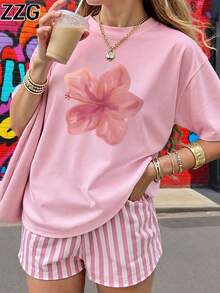 ZZG 夏季女款「花朵」圖案印花街頭休閒通勤 Y2K 風格粉色圓領短袖 T-shirt 上衣 - 粉色 - 查看 1