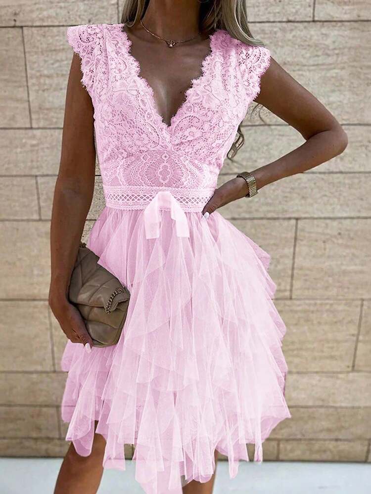 Elegant Lace Patchwork Layered Tulle Dress, Suitable For Vacation, Graduation, Commuting, Travel - Pink - View 6