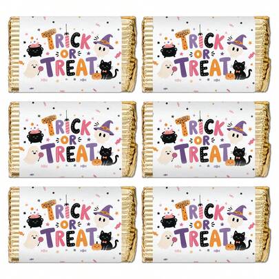 30 pièces/5 feuilles Autocollants d'emballage de mini barres de chocolat d'Halloween - Étiquettes autocollantes de bonbons "Trick Or Treat" pour les faveurs de fête, l'échange scolaire, les fêtes de bureau, les sacs de cadeaux & la décoration de la saison effrayante. Fournitures d'emballage de cadeaux de fête DIY.