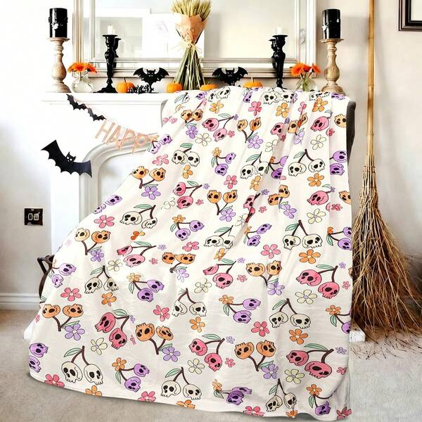 1PC Queen Coquette Pastel Floral Skull Plush Fleece Blanket Cute Halloween All Over Print Cozy Soft Lightweight Portable Bed Couch Throw, Ramadan Fall Halloween Birthday Gift Teen Girls Spooky Room Decor