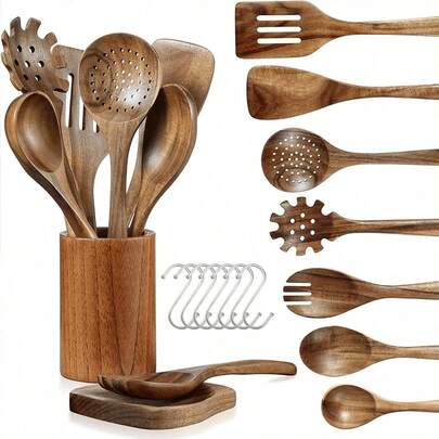 9pcs/Set Wooden Cooking Utensil Set - 9pcs Natural Beechwood Kitchen Tools Set, Wooden Spoon Set With Spoon Rack, Spoon Rest And Hooks, Wooden Spatula Set With 7 Metal Hooks
