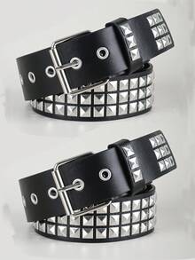 2pcs Vintage Rivet Belt Solid Color Punk Belt - 2pcs Black - View 6