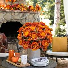 1/3/60pcs Autumn Peony Artificial Flowers, Silk Burgundy Peony Fake Flower Bouquet, Autumn Floral Arrangement, Suitable For Centerpiece, Wedding, Party, Home Decor - Orange - View 5