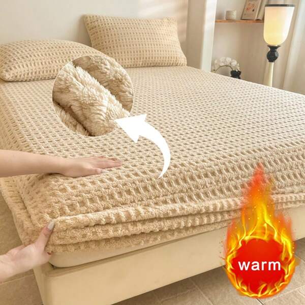 1pc Waffle Grid Taffy Velvet Fitted Sheet(Pillowcases Not Included), Available In Multiple Colors, Soft & Warm Mattress Protector, Comfortable And Durable Home Textile, Home Decor, Bedroom Bedding, Suitable For All Seasons, An Excellent Gift