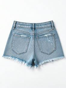 CICILEEDA Shorts de mezclilla de mujer con cintura media, acanalados, elásticos, con dobladillo deshilachado y crudo - Celeste - Ver 5