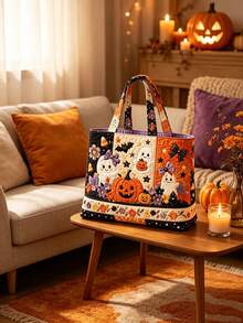 1pc Women's Halloween Tote Bag & Coin Purse Set - Large Capacity Crossbody Bag, Storage Bag, Organizer Bag, Women's Beach Bag, Also Can Be Used As Makeup Bag, Laundry Basket, Cute Pumpkin & Bat Print, Machine Washable & Reusable Tote Bag, Suitable For Travel, Shopping, Daily Use, Holiday Essential, Travel Essential, Gift Essential - View 5
