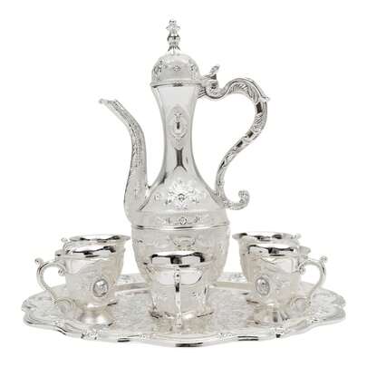 ZhdnBhnos Turkish Tea Set,Vintage Turkish Coffee Set W/Pot And 6 Cups,Metal Luxury Moroccan Tea Glasses,Craft Tea Tray Teapot,Wine Pot Kit European Jug For Home Decor Birthday Wedding (Silver)