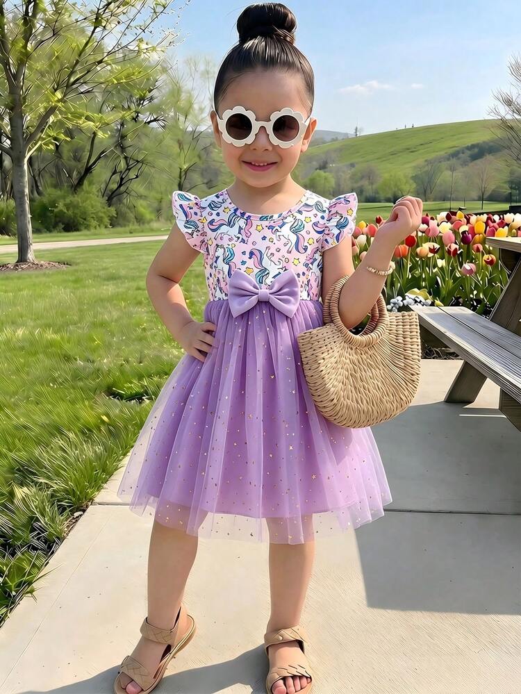Young Girl Flutter Sleeve Fish Scale Print Mesh Dress With Bow, And Cute - Multicolor - View 10