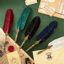 1 Set Feather Pen Set, Shiny Feather Pen Set, Vintage Calligraphy Ink Pen (Includes Ink), 2 Replacement Nibs, Pen Holder, Luxury Vintage Signature Pen, Easter, Halloween And Christmas Letter Writing Pen, Back To School Essential Souvenir, High-End Packaging Gift - Sets - View 5