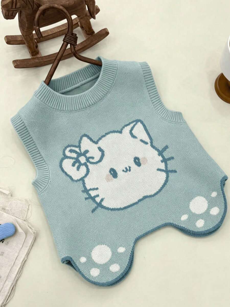 WUHUANG YIYI Baby Girl/S Cute Cartoon Cat Face Graphic Hem Design Knitted Sweater Vest, Suitable For Autumn/Winter - الأزرق - مشاهدة 1
