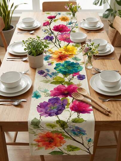 1pc Colorful Watercolor Floral Table Runner, Peony, Branch & Multi-Color Flower Print Dining Table Decor, Suitable For Spring/Summer Home, Wedding, Birthday, Garden Party And Daily Restaurant Decoration