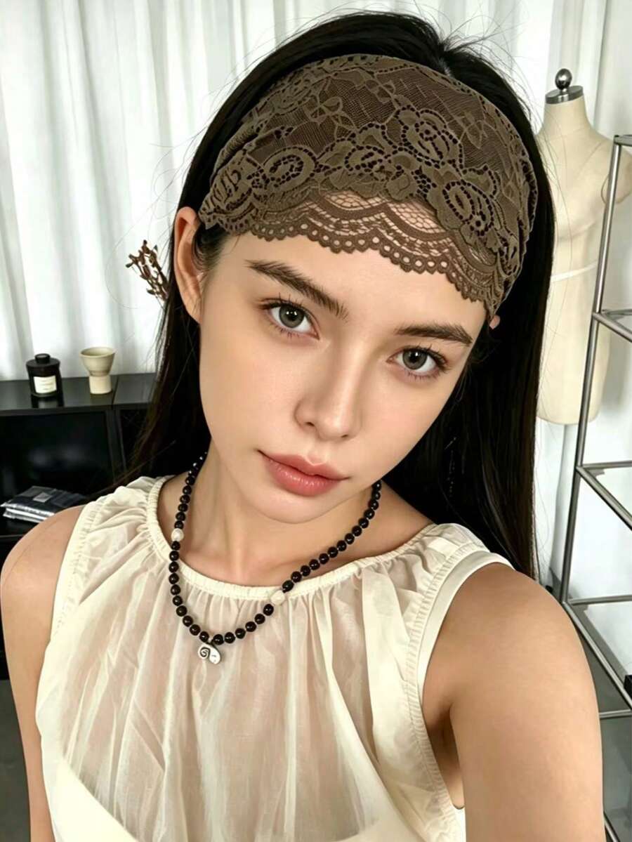 1pc Women's Mori Style Pastoral Olive Green Lace 15cm Wide Hollow Mesh Breathable Elastic Headband - Olive Green - View 1
