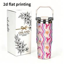 1/5pcs 30oz Vacuum Insulated Travel Mug With Gift Box, Light Pink Wavy Lobster Shell & Bow Print, Foldable Portable Handle, Double Flip Leak-Proof Lid, Double Wall Mug, Kids Outdoor Use, Playful Cartoon Marine Life Gift - Marine Life - View 7