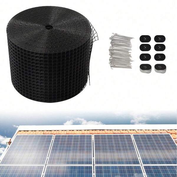 1pcs Black Solar Panel Bird Guard, Solar Panel Bird Net (8in*100ft + 70 Fasteners), Made Of Iron And PVC Coating, For Protecting Solar Panels From Damage By Birds And Rodents