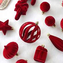 28Pcs Wine Christmas Ornaments Set Flocked Xmas Tree Decorations Assorted Shapes Shatterproof Hanging Ball Plush Star Candy Cane Gift Box Baubles Holiday Party Decor - Burgundy - View 3