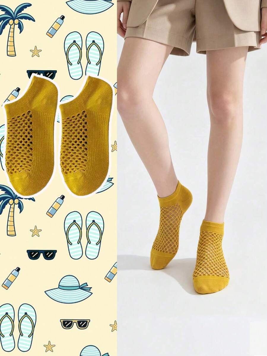 5/9/10 Pairs Random Macaron Color Mesh Short Socks For Women. Hollow Mesh Low-Cut Boat Socks. Simple Basic Low-Top Sports Short Socks Combination - Multicolor - View 1