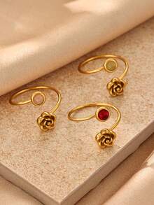 1Pc 3D Rose Inlaid Stone Rings, 18K Gold Plated Stainless Steel Adjustable Open Ring, Vintage Flower For Women Jewelry Daily Dating Gift - Yellow Gold - View 1