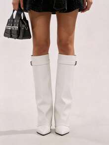 Women's Fold Over Shark Boots Pointy Pull-On Wide Calf Boots Shark Padlock Nightclub Elegant Luxury Fashion WInter Fall Shoes - 白色 - 查看 4