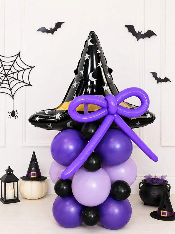 18pcs Halloween Witch Bow Column Set, Includes Witch Hat Foil Balloons, Long Bow Balloons, Suitable For Halloween Party, Witch Theme Party, Store Halloween Atmosphere Decoration, Dark Purple Tone Day Of The Dead Photo Backdrop