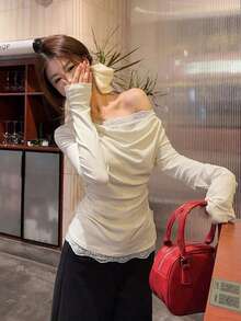Draped Neck Pleated Long Sleeve Layered Lace Patchwork T-Shirt - Apricot - View 9