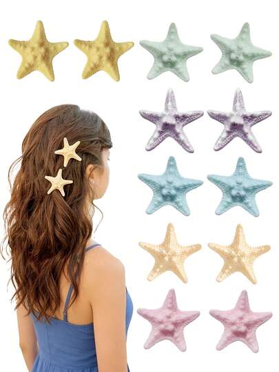 2pcs Resin Starfish Hair Clips/Summer Hot-Selling Mermaid Hair Clips, With Realistic Starfish Side Clips/Sweet Hair Accessories/Perfect For Summer Beach Party, Vacation