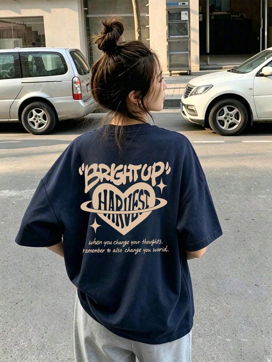 夏季新款 Gen Z Y2K 風格女款設計師金心印花圓領短袖休閒 T 恤 - 藏蓝色 - 查看 1