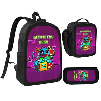 3Pcs Geometry Dash Backpack Set, Popular Mobile Game Cartoon Character Print School Backpack With Insulated Lunch Bag & Pencil Case, Purple Background Gaming Backpack Three Pieces Set