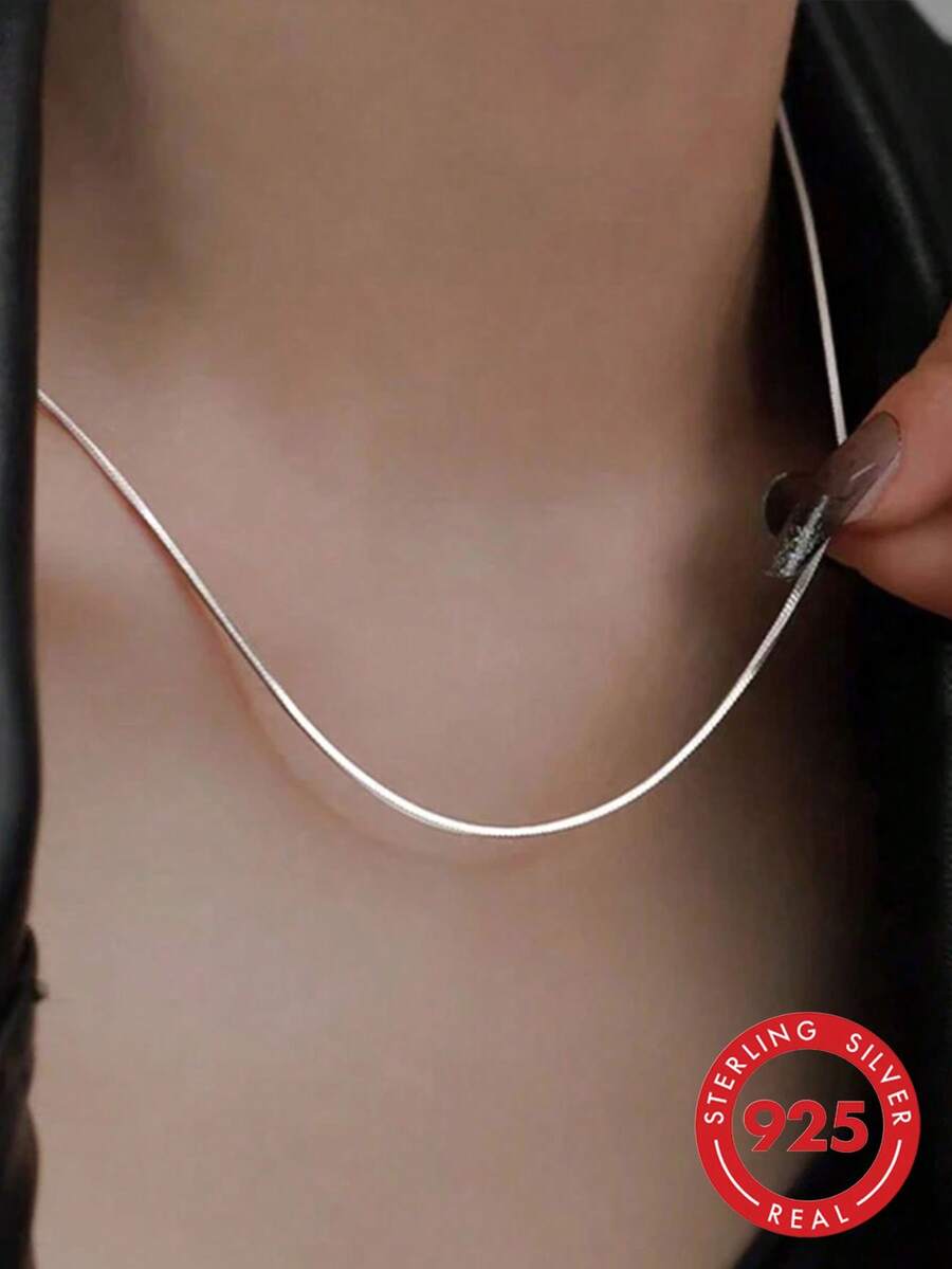 1pc S925 Sterling Silver Simple Snake Bone Chain Necklace, Versatile Minimalist Thin Layering Necklace For Women, Daily Wear & Gift - Chain - View 1