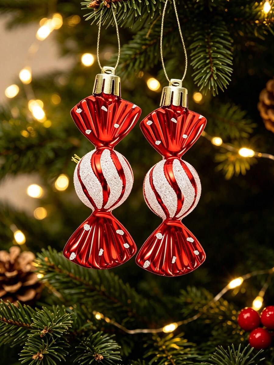6 buah Hiasan Pohon Natal Permen Mini Merah, Ornamen Pohon Natal Permen Mengkilap Gantung dengan Tali Emas, Perlengkapan Dekorasi Gantung Natal, Perlengkapan Dekorasi Pesta Rumah Bertema Liburan (Merah, Bahan Plastik) - A - View 1