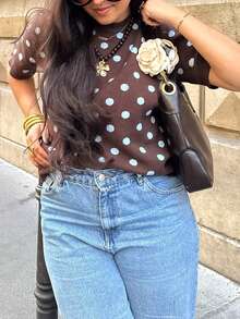 Polka Dot Pattern Short Sleeve Knit Top - Brown - View 4