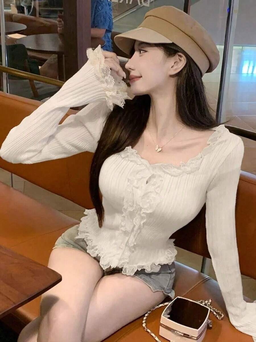 荷葉邊蕾絲飾邊羅紋針織開襟毛衣外套,修身長袖,米色,優雅秋冬上衣,適合休閒外出與派對造型 - 杏色 - 查看 1