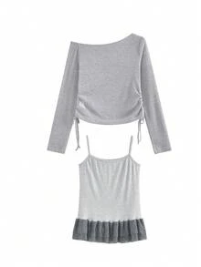 Bowknot Ruched Lace 2pcs Set Minimalist Sexy Style Sexy Cold Shoulder Top + Camisole - Grey - View 5