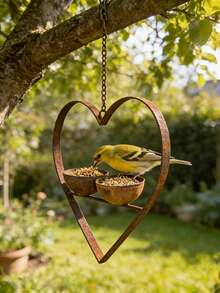 1pc Metal Rusted Heart-Shaped Double Bowl Bird Feeder, Suitable For Outdoor Yard And Tree Decoration - Love - View 1